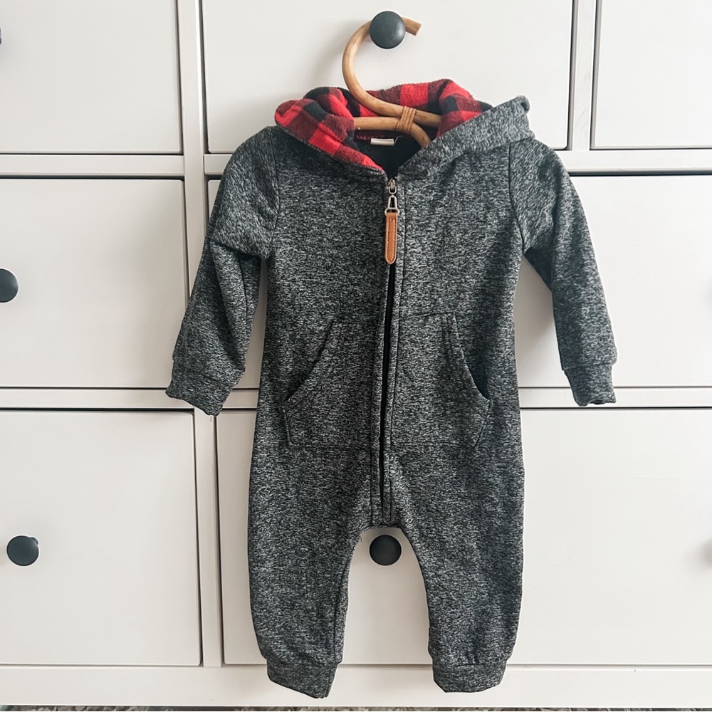 Grey and red plaid zip up onesie #plaid #jumpsuit